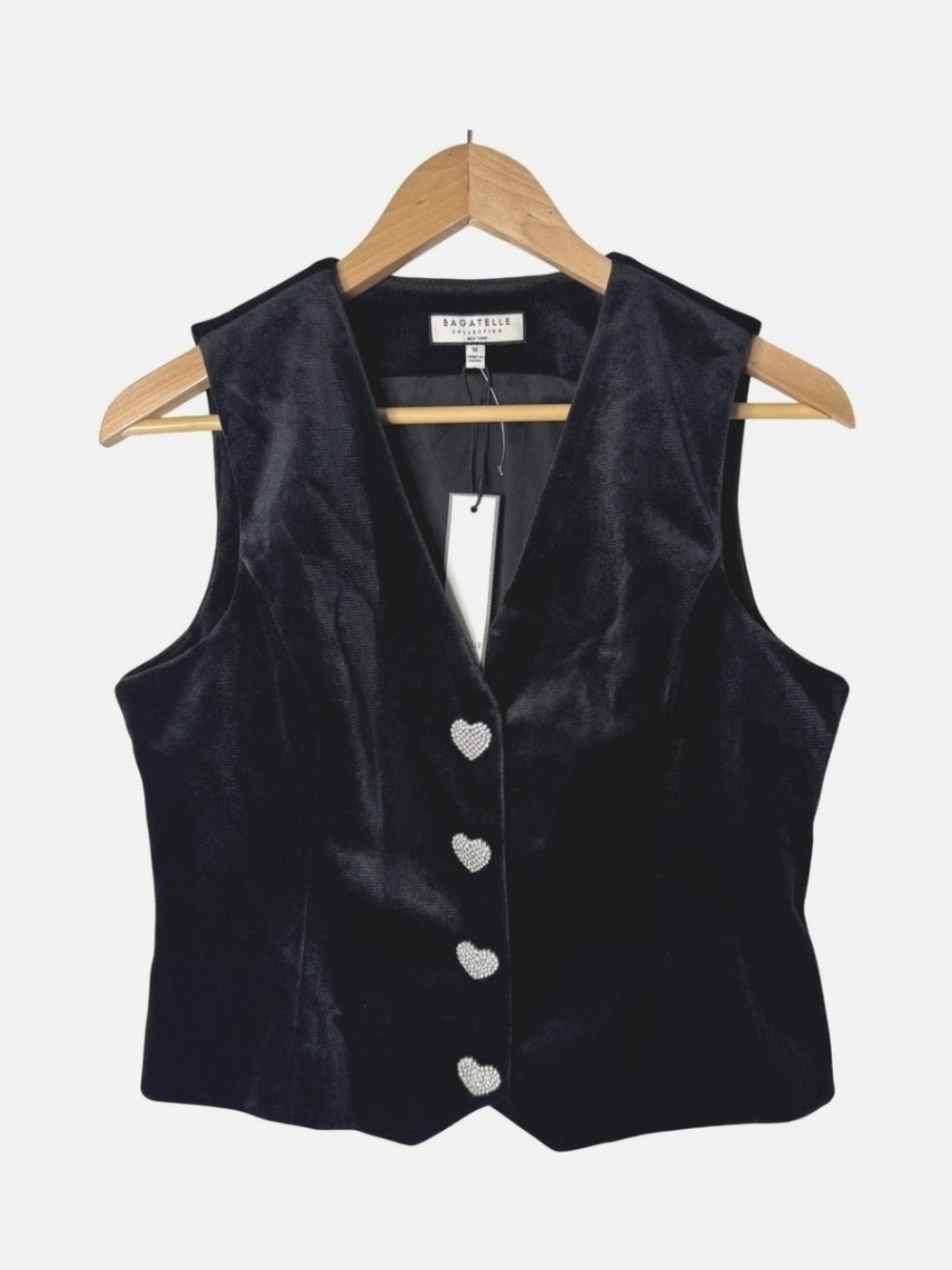 NWT Bagatelle Black Velvet Sleeveless Vest with Heart Buttons Sz M